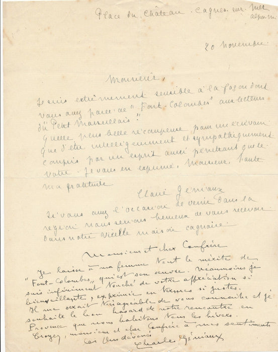 Charles GÉNIAUX 2 lettres autographes Font Colombes photographe Geniaux