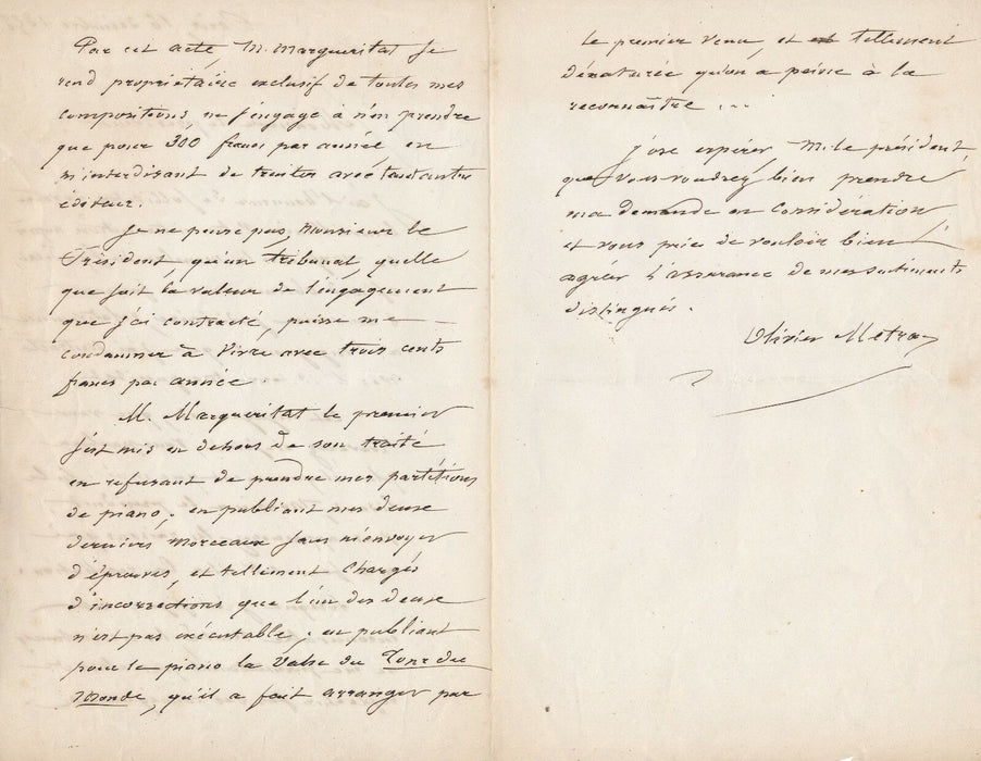 Olivier MÉTRA intéressante lettre autographe signée contrat avec Margueritat