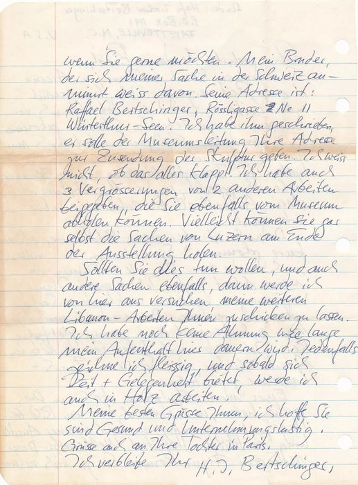 Hafis Joachim BERTSCHINGER Suisse artiste 7 lettres autographes