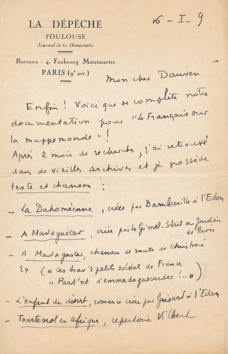 Roger DÉVIGNE 3 intéressantes lettres sur la redécouverte chanson française 1938