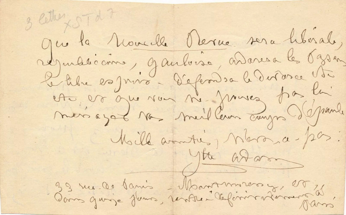 Lot Juliette ADAM écrivaine féministe 3 documents autographes et carte visite