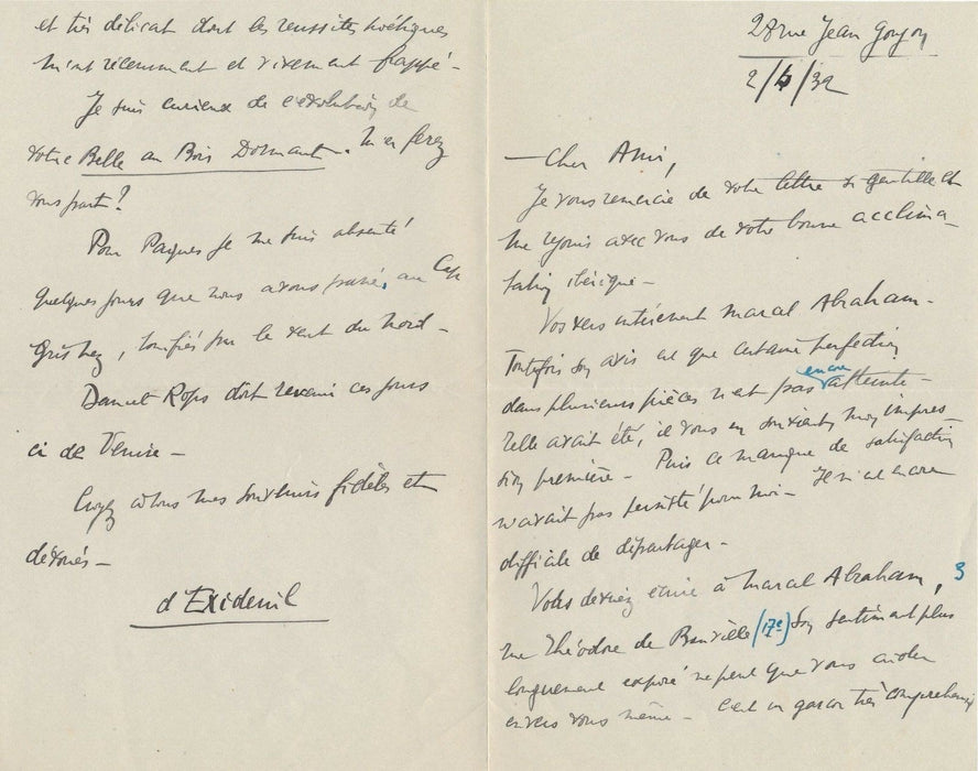 14 lettres correspondance Pierre d EXIDEUIL à J. Lassaigne Rops Abraham