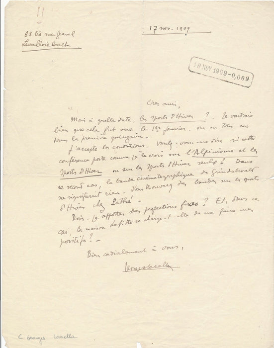 Comoedia Georges CASELLA alpinisme lettre autographe signée conférence sports