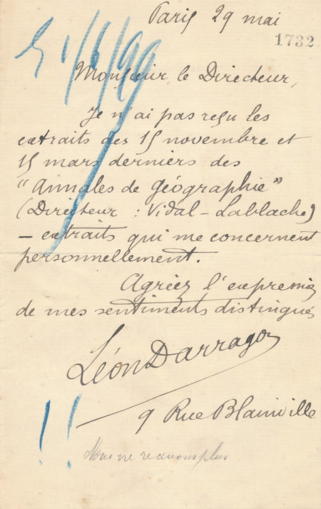 Léon DARRAGON lettre autographe signée n'a pas reçu extraits Annales géographie