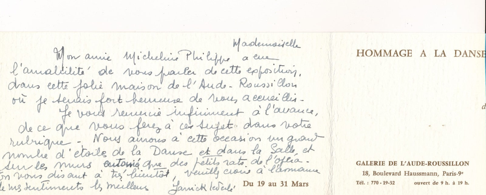 Janick Lederle peintre danse lettre et carte autographe exposition