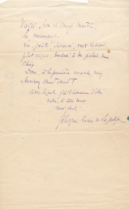 Félix GALIPAUX lettre autographe signée humour Félisque baron de la Galipe 