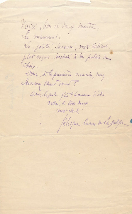 Félix GALIPAUX lettre autographe signée humour Félisque baron de la Galipe 