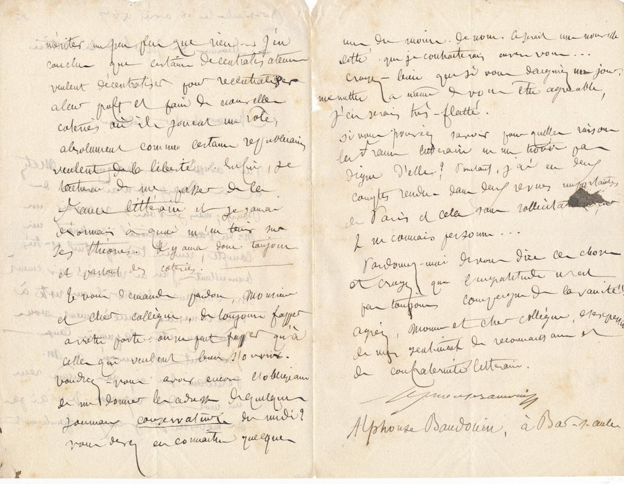 Alphonse BAUDOUIN  7 lettres autographes signées à Eugène de LA COTTIÈRE Aube