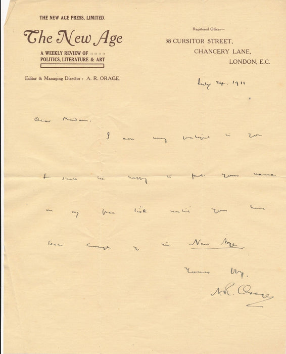 Alfred Richard ORAGE The New Age 4 lettres autographes signées presse Ciolkowska