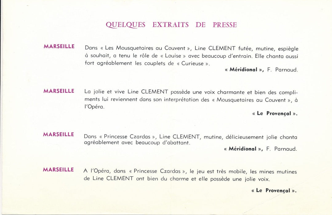 Line CLEMENT artiste lyrique opéra opérette photo photographie et fascicule