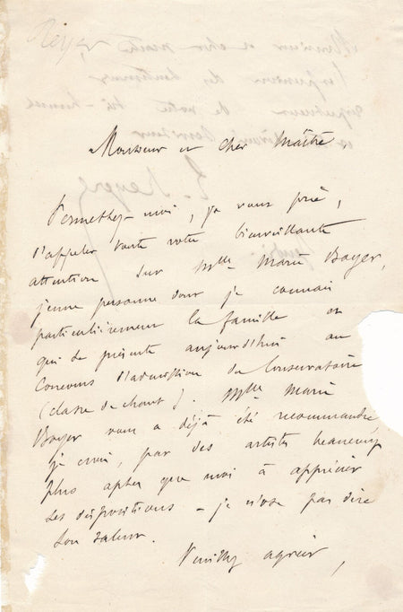 Ernest REYER lettre autographe signée recommande Marie Bayer chant concours