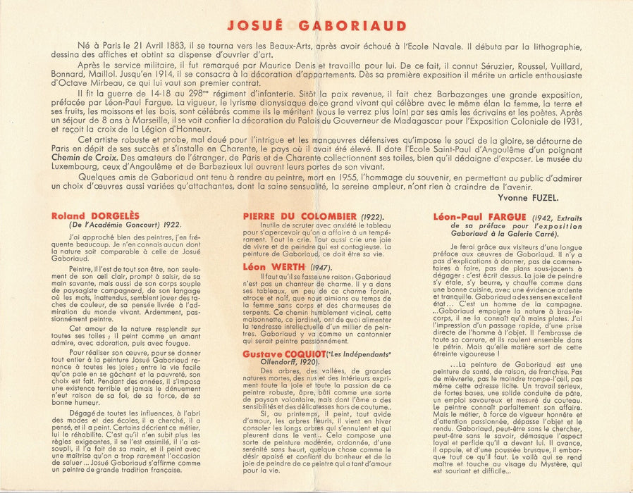 Josué GABORIAUD peintures dessins carton invitation 1960 Bernheim