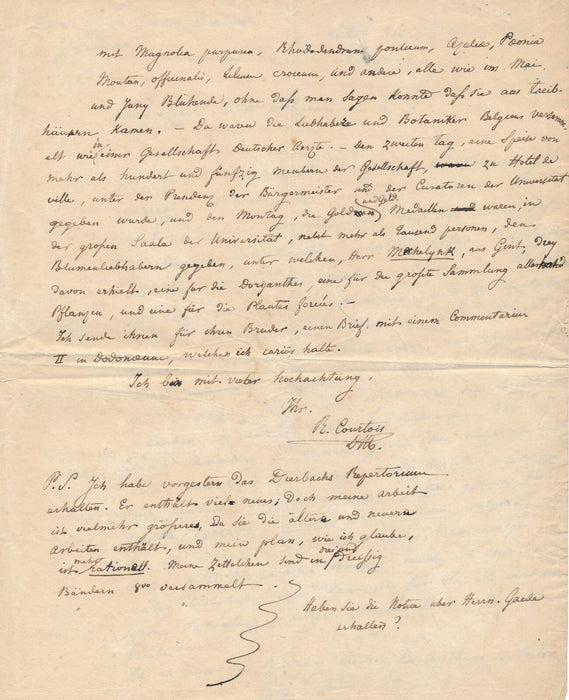 R. J. COURTOIS belle lettre à NEES VON ESENBECKv Floralies Gand 1834 botaniste