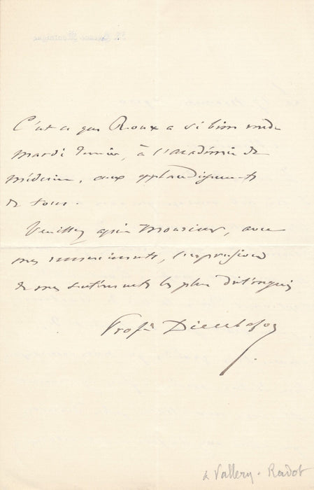 Georges DIEULAFOY sur livre PASTEUR à VALLERY-RADOT lettre autographe signée