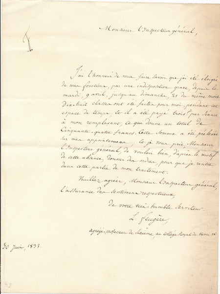 Léon FEUGÈRE souffrant demande d'être payé lettre autographe signée