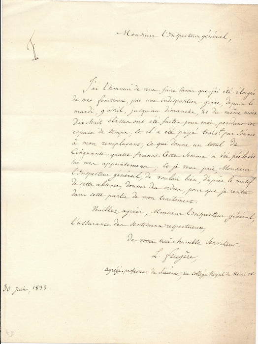 Léon FEUGÈRE souffrant demande d'être payé lettre autographe signée