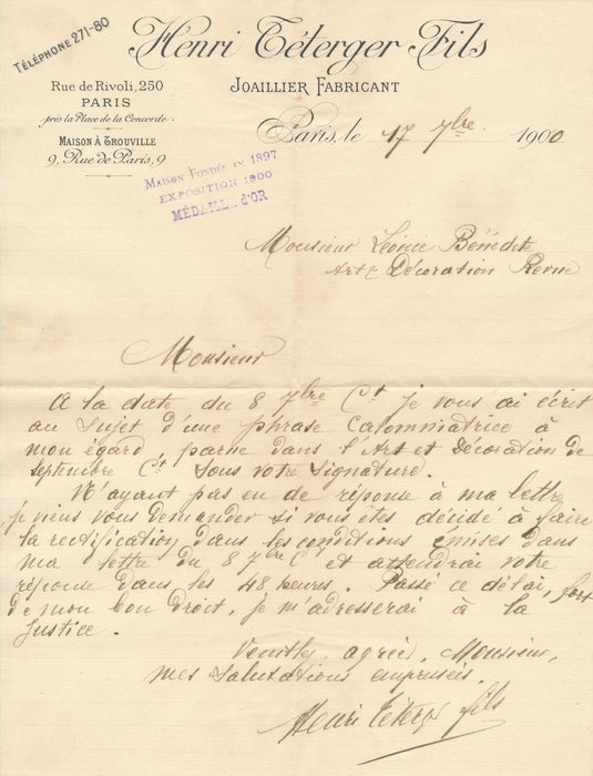 Henri TÉTERGER joaillier polémique Léonce Bénédite bijoux 1900 3 lettres