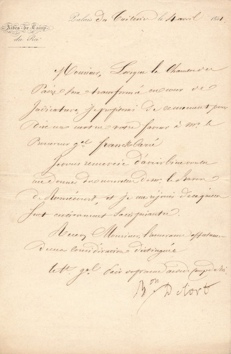 baron DELORT Empire lettre signée Franck-Carré baron Romécourt