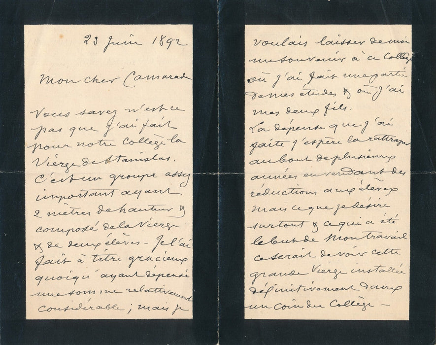 Henri Émile ALLOUARD offre une sculpture au collège Stanislas lettre autographe