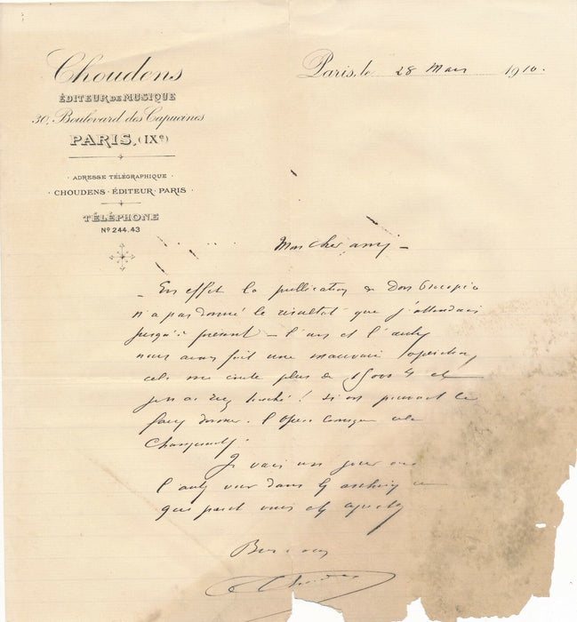 Paul CHOUDENS fils Antoine éditeur de musique Paris 7 lettres Bizet Don Procapio