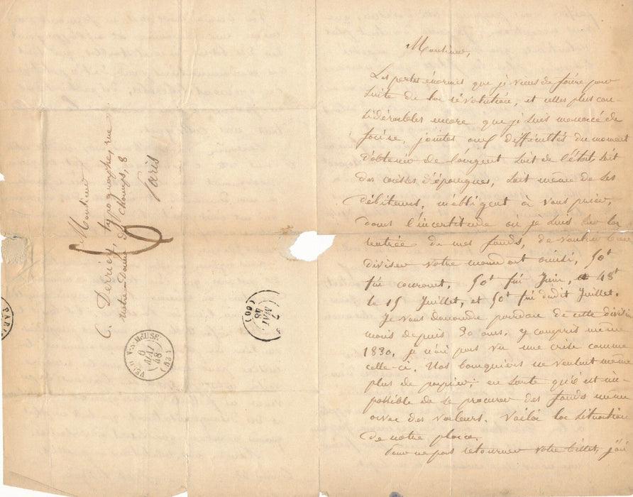 Joseph VILLET-COLLIGNON révolution de 1848 difficultés lettre autographe signée