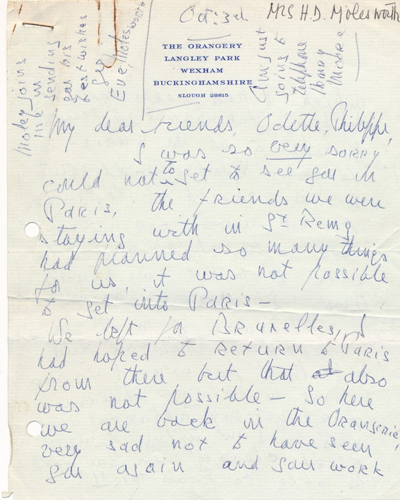 Eve Hender Daves MOLESWORTH historien lettre autographe signée en anglais Moore