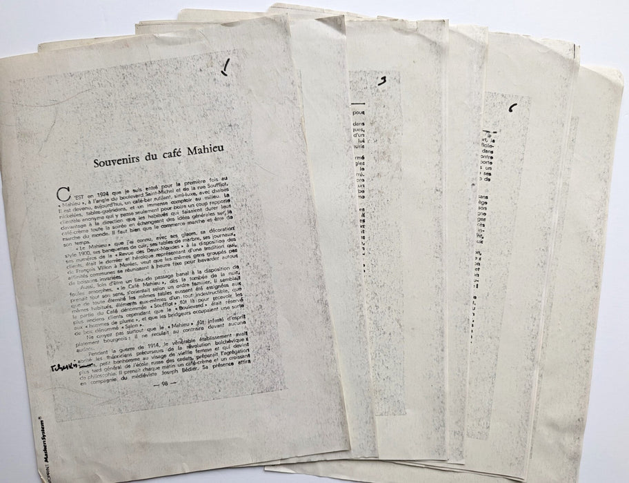 Pierre LABRACHERIE manuscrit incomplet café Mahieu Paris et notes manuscrites