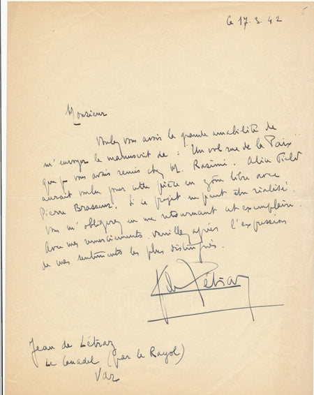 Jean de LETRAZ lettre autographe signée Vol rue de la Paix Brasseur occupation