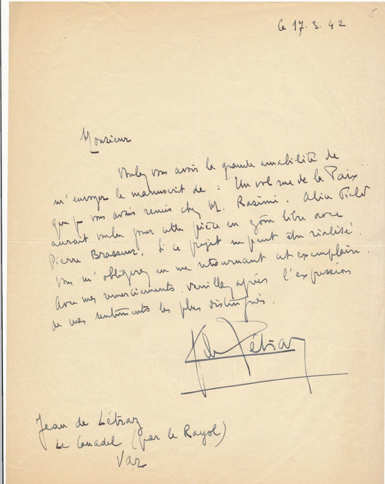 Jean de LETRAZ lettre autographe signée Vol rue de la Paix Brasseur occupation