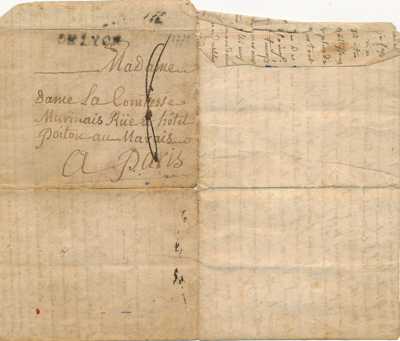 Lettre manuscrite adressée à « comtesse Murinais rue hôtel Poitou au Marais
