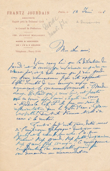 Frantz JOURDAIN à dramaturge et scénariste Henri Duvernois 4 lettres autographes