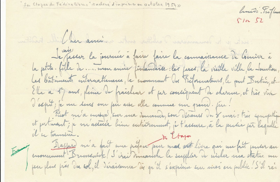 D. LASSERRE historien suisse Lausanne Lettre autographe signée Rappard preface