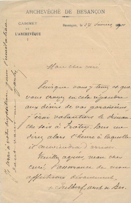 Fulbert PETIT archevêque Besançon lettre autographe signée invitation paroissien