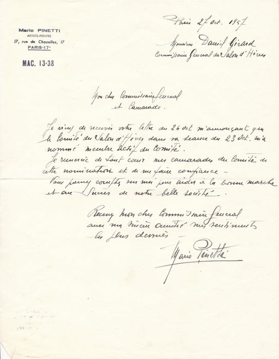 Mario PINETTI 2 lettres autographes signées V. Charreton Salon d'Hiver