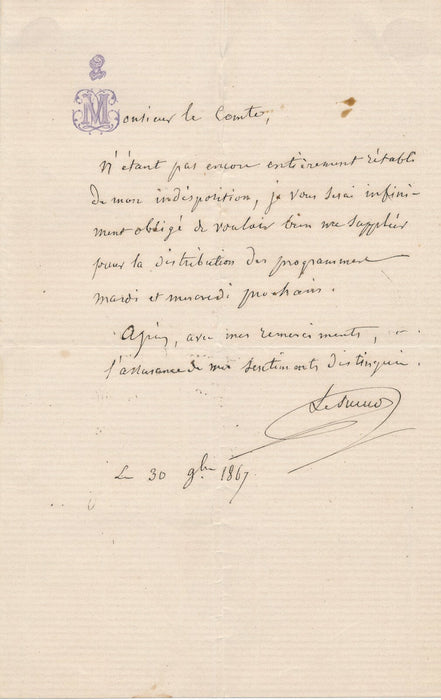 Jean-Baptiste LESUEUR Lettre autographe signée 1867 demande d'être remplacé