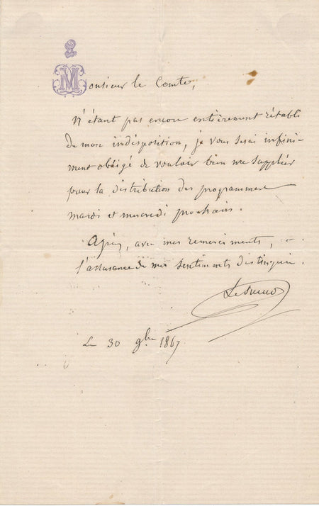 Jean-Baptiste LESUEUR Lettre autographe signée 1867 demande d'être remplacé