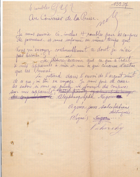 NAKORSKI, inventeur russe Russie télégraphie téléphone 1900 lettre autographe