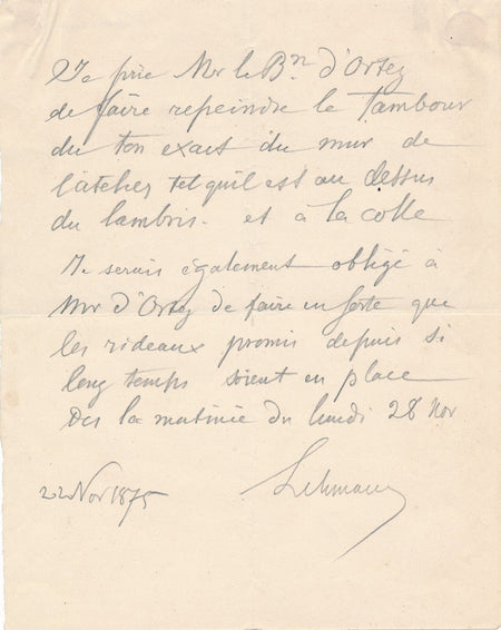 Henri LEHMANN à Ortès fait repeindre le tambour lettre autographe signée atelier