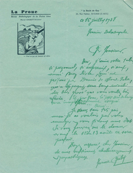 Marcel Chabot lettre autographe signée Germain Delatousche peintre poème