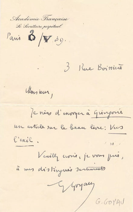 Georges Goyau 2 lettres autographes à A. Sabatier Benoît Méchin M. Sothern