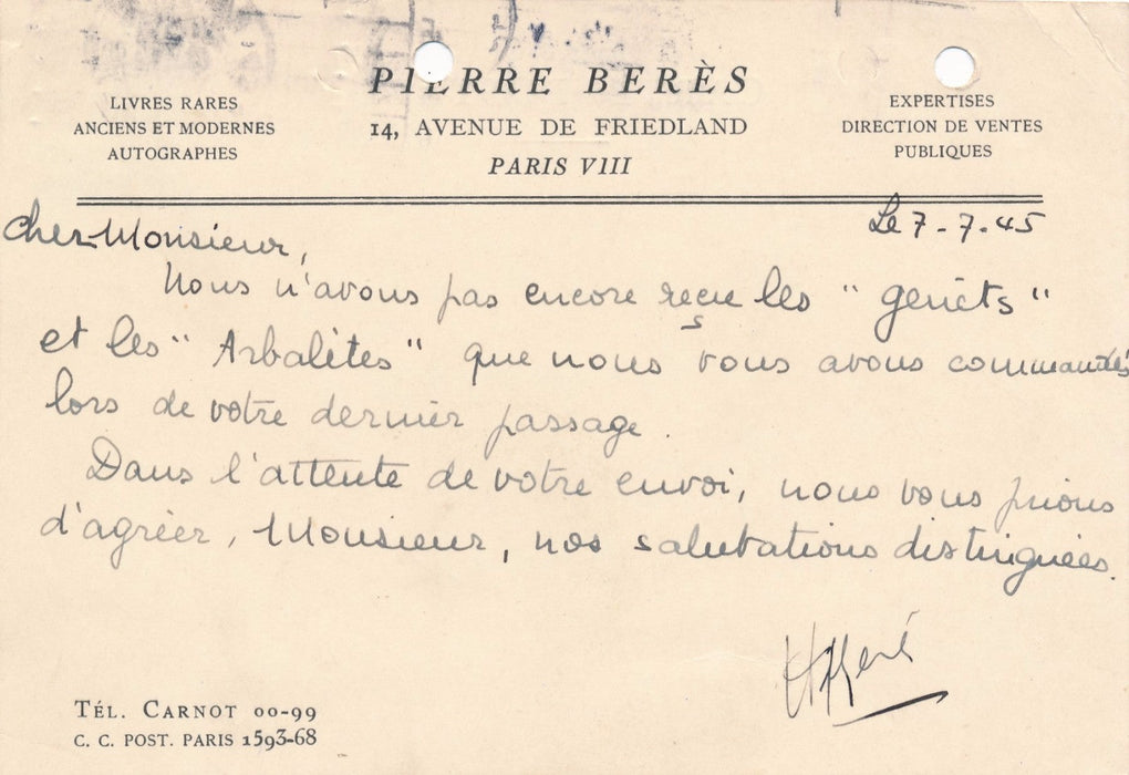 Littérature Pierre Bérès lettre signée Barbezat Arbalète Genet Beres
