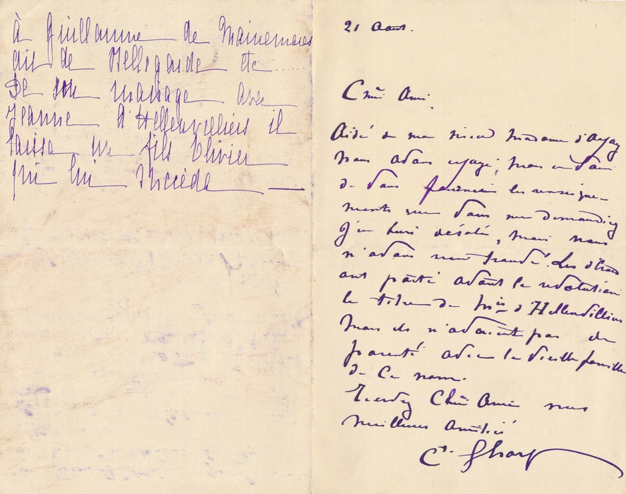 Généalogie famille Hellenvilliers, Damville, Eure autographe