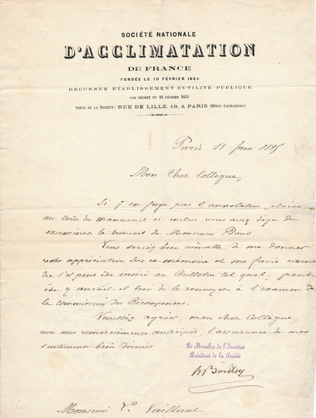 Henri Bouley  lettre signée Léon Vaillant zoologiste Jardin Acclimatation