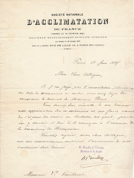 Henri Bouley  lettre signée Léon Vaillant zoologiste Jardin Acclimatation
