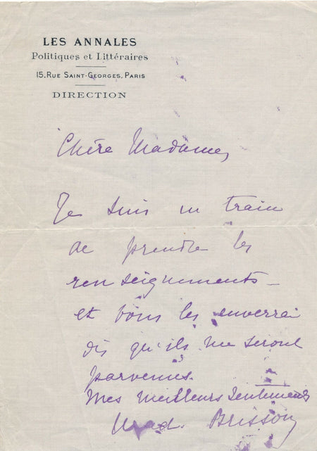 Adolphe BRISSON critique dramatique lettre autographe signée Les Annales