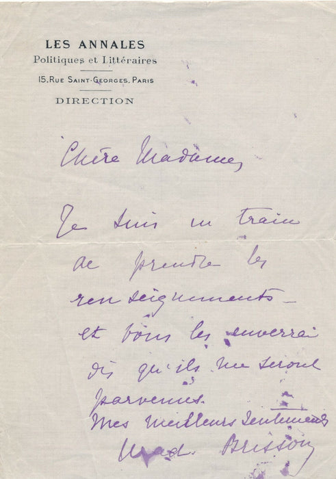 Adolphe BRISSON critique dramatique lettre autographe signée Les Annales