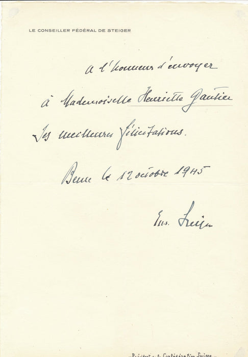 Eduard  STEIGER conseiller fédéral lettre autographe signée félicitations suisse