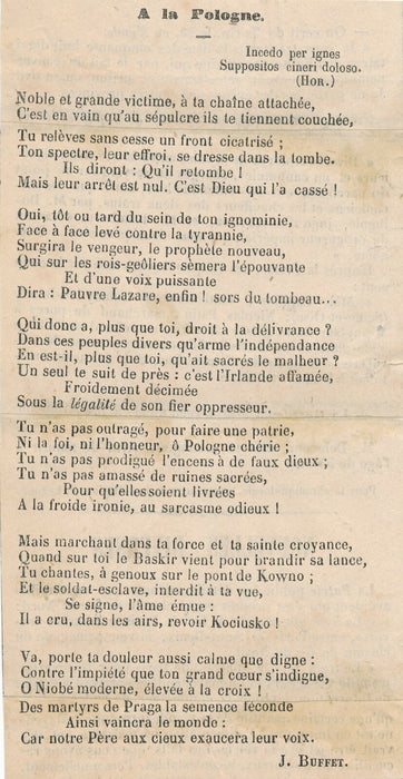 Poème autographe de Jules BUFFET vers 1860 9 strophes et imprimés poésie