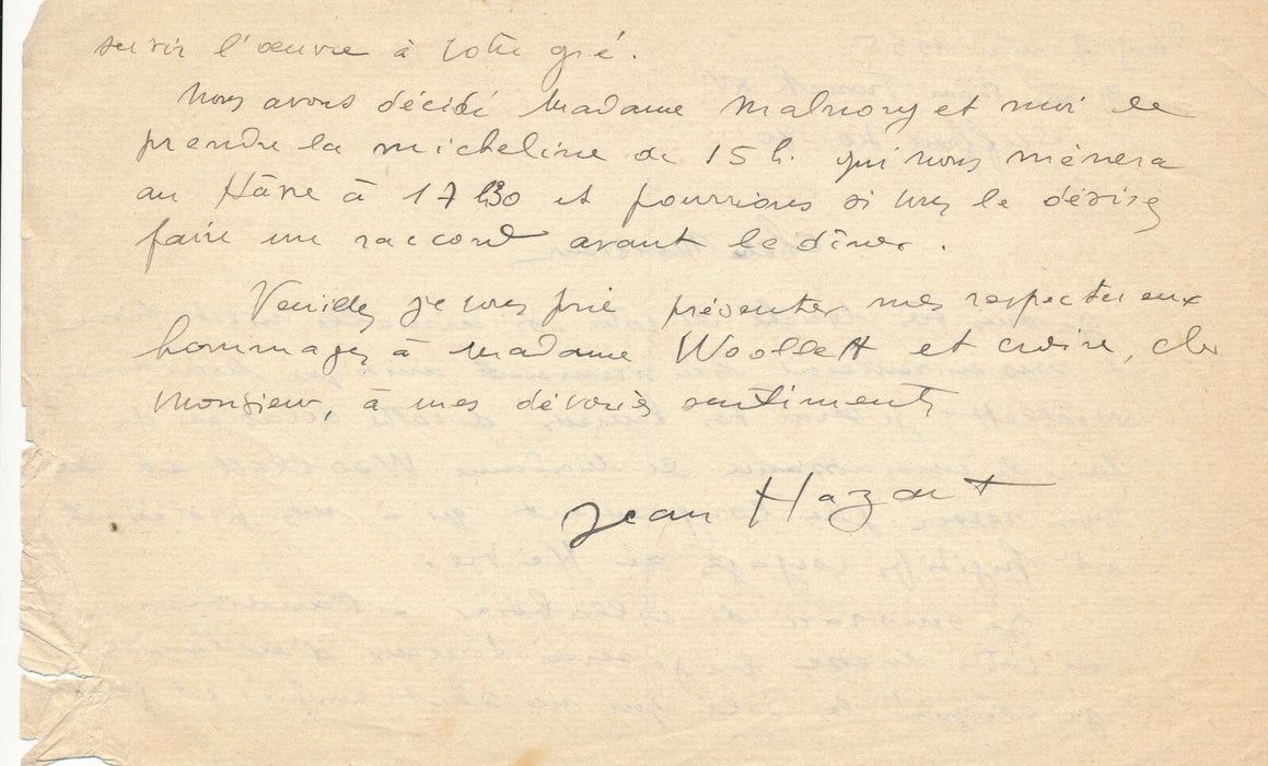Jean HAZART chanteur au compositeur Henry WOOLLETT lettre autographe signée