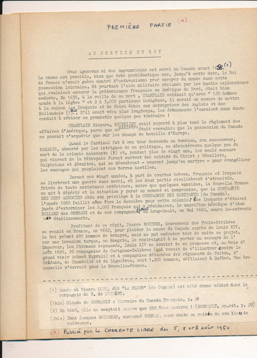 M. REIBLE Charente Angoumois émigrés Canada Louis XIV et XV autographe